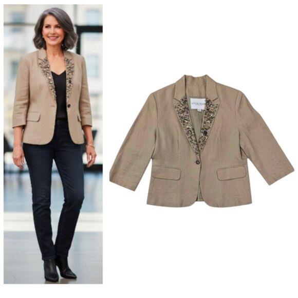 Boston Proper 100% Linen Tan Blazer Jacket Embellished Beaded 3/4 Sleeve Fall 12 - Picture 1 of 10